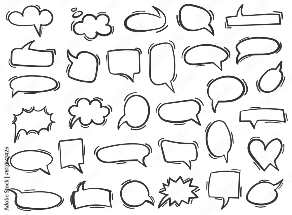 Obraz premium Doodle chat icon in hand drawn style. Cartoon bubbles vector illustration on isolated background. Talk frame sign business concept.