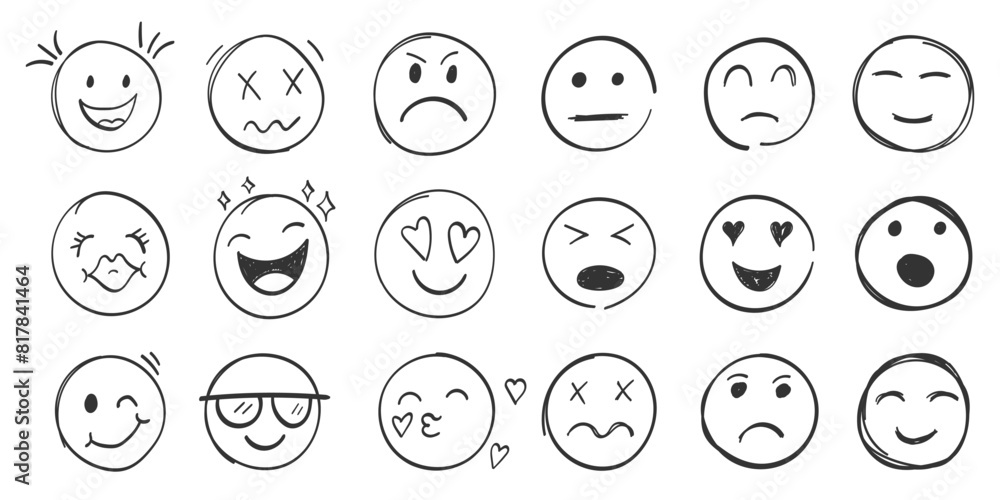 Emojis faces icon in hand drawn style. Doddle emoticons vector illustration on isolated background. Happy and sad face sign business concept. Emojis faces icon in hand drawn style. Doddle emoticons vector illustration on isolated background. Happy and sad face sign business concept.