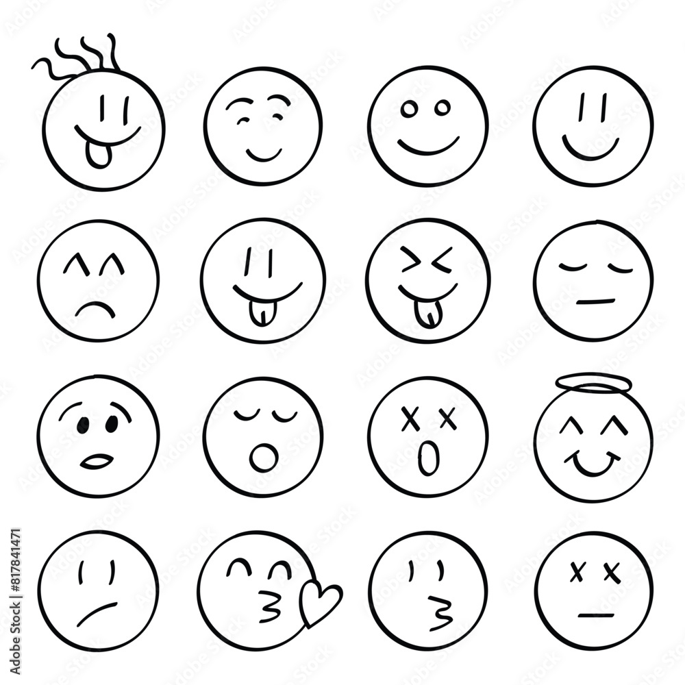 Emojis faces icon in hand drawn style. Doddle emoticons vector illustration on isolated background. Happy and sad face sign business concept. Emojis faces icon in hand drawn style. Doddle emoticons vector illustration on isolated background. Happy and sad face sign business concept.