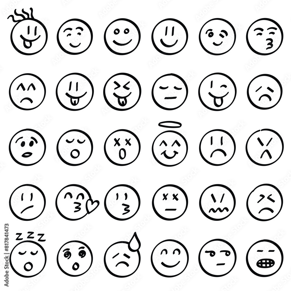 Emojis faces icon in hand drawn style. Doddle emoticons vector illustration on isolated background. Happy and sad face sign business concept. Emojis faces icon in hand drawn style. Doddle emoticons vector illustration on isolated background. Happy and sad face sign business concept.