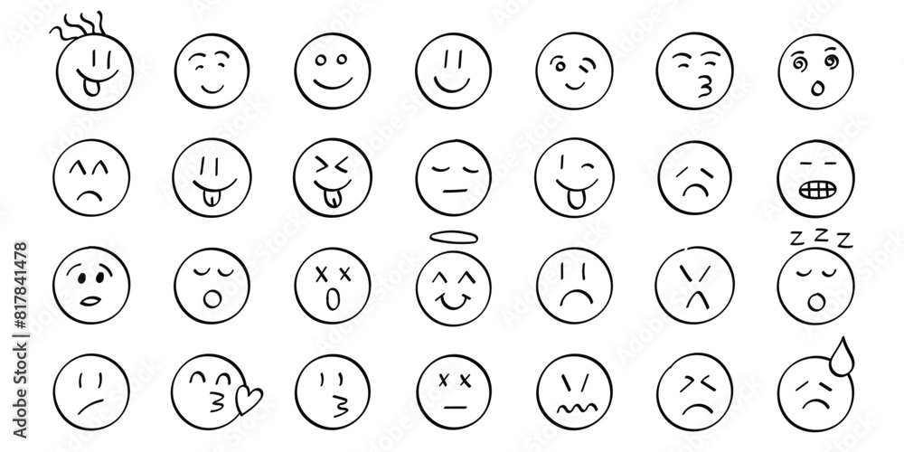 Emojis faces icon in hand drawn style. Doddle emoticons vector illustration on isolated background. Happy and sad face sign business concept. Emojis faces icon in hand drawn style. Doddle emoticons vector illustration on isolated background. Happy and sad face sign business concept.