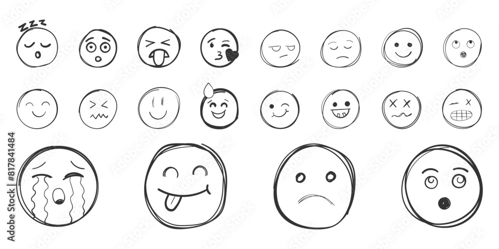 Emojis faces icon in hand drawn style. Doddle emoticons vector illustration on isolated background. Happy and sad face sign business concept. Emojis faces icon in hand drawn style. Doddle emoticons vector illustration on isolated background. Happy and sad face sign business concept.