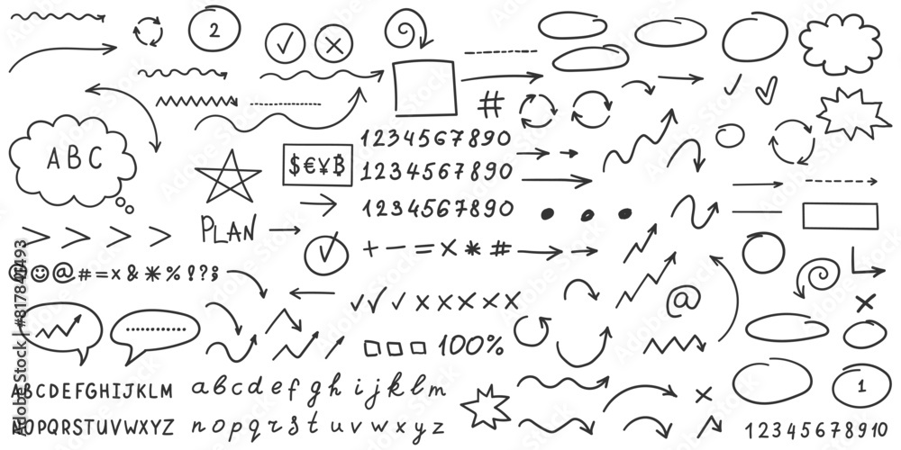 Arrow circles and abstract doodle icon in hand drawn style. Number vector illustration on isolated background. Letters, arrows sign business concept. Arrow circles and abstract doodle icon in hand drawn style. Number vector illustration on isolated background. Letters, arrows sign business concept.