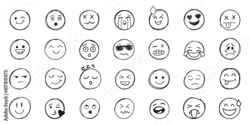 Emojis faces icon in hand drawn style. Doddle emoticons vector illustration on isolated background. Happy and sad face sign business concept.