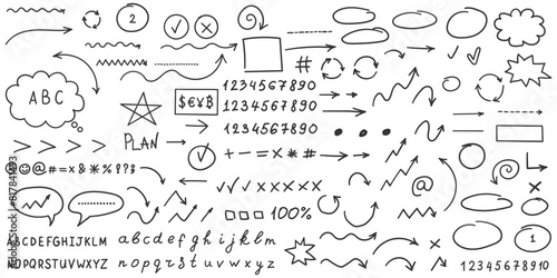 Arrow circles and abstract doodle icon in hand drawn style. Number vector illustration on isolated background. Letters, arrows sign business concept.