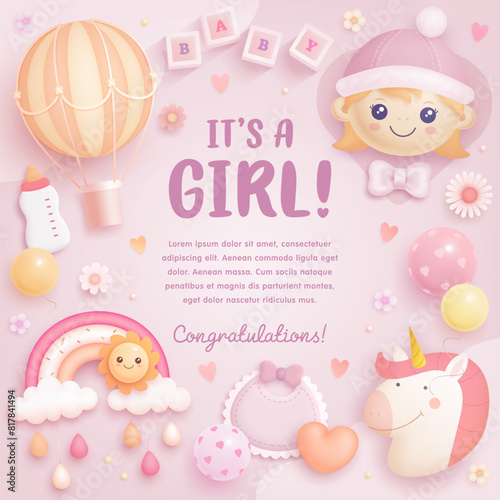 Baby shower vector square card, invitation or web banner with cartoon 3d girl, hot air balloon, rainbow, balloons and flowers on pink background. It's a girl