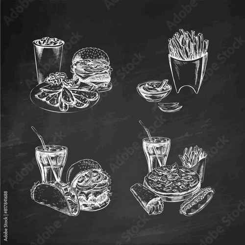 Burgers, potato french fries, drinks, set. Hand-drawn sketches of street food, takeaway food, fast food, junk food and drinks. Retro vector illustrations collection isolated on chalkboard background.