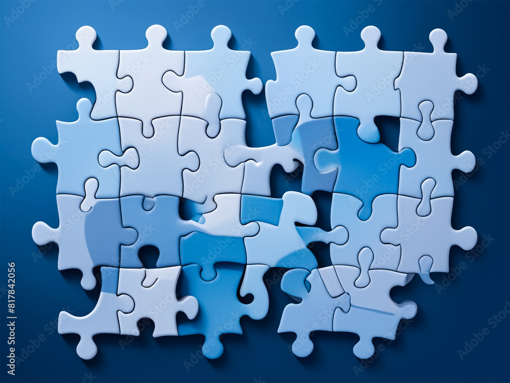 Blue colored 3D-rendered puzzle pieces scattered on a vibrant purple background Blue colored 3D-rendered puzzle pieces scattered on a vibrant purple background