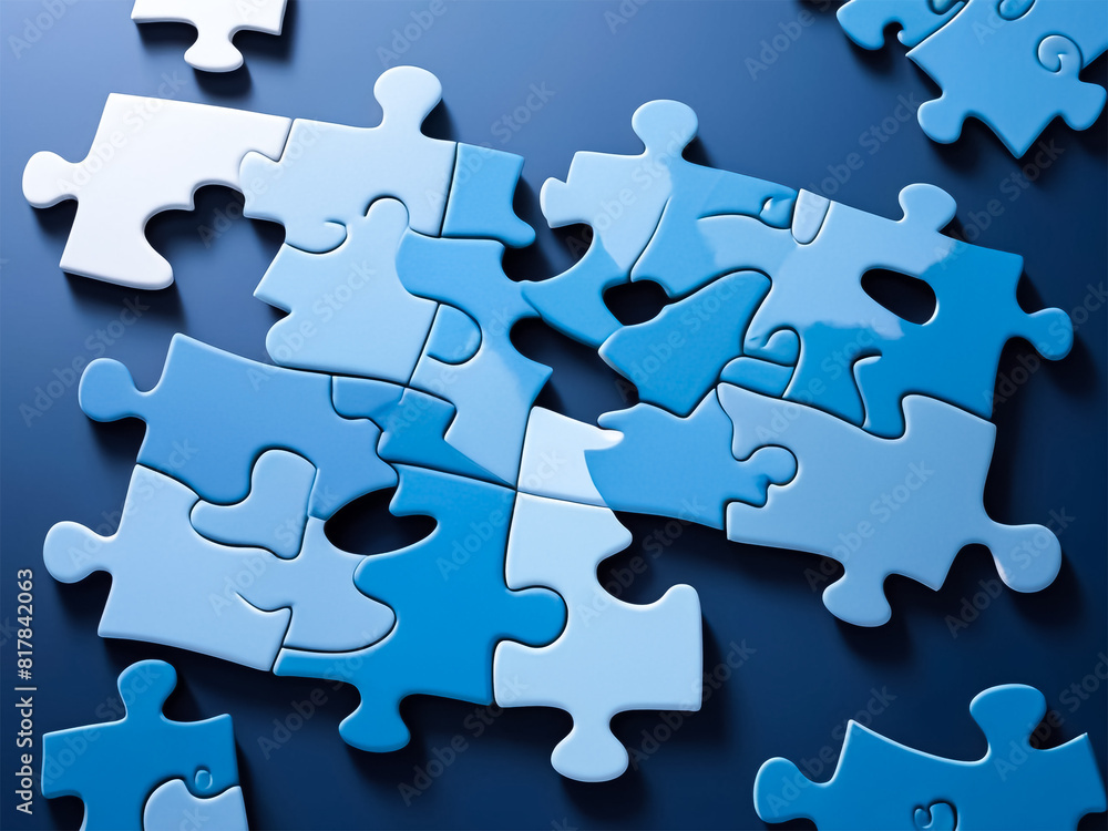 Blue colored 3D-rendered puzzle pieces scattered on a vibrant purple background Blue colored 3D-rendered puzzle pieces scattered on a vibrant purple background