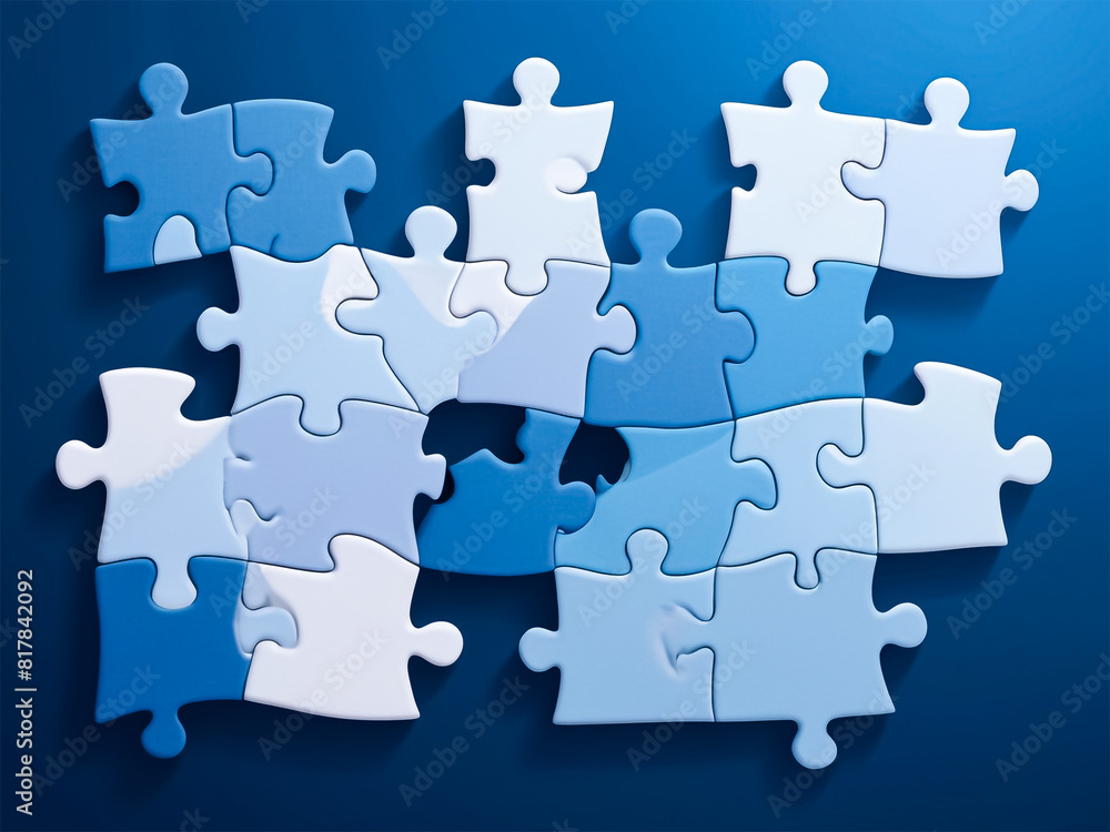 Blue colored 3D-rendered puzzle pieces scattered on a vibrant purple background Blue colored 3D-rendered puzzle pieces scattered on a vibrant purple background