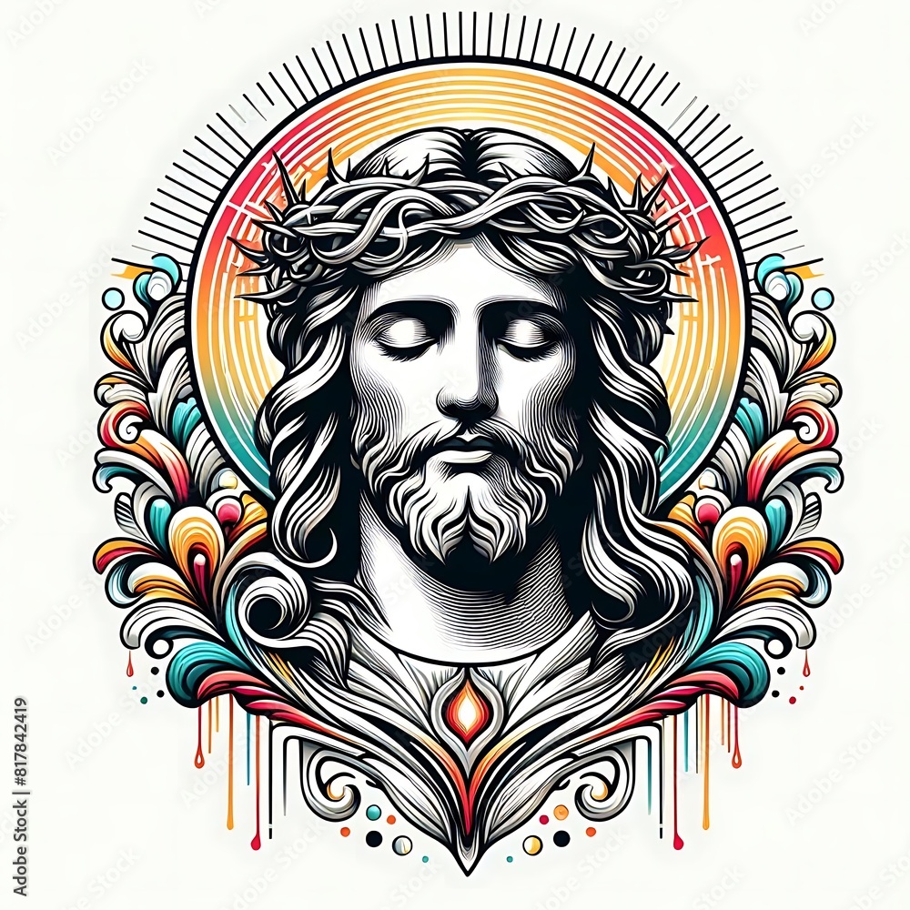A drawing of a jesus christ with a crown of thorns image card design meaning harmony realistic.