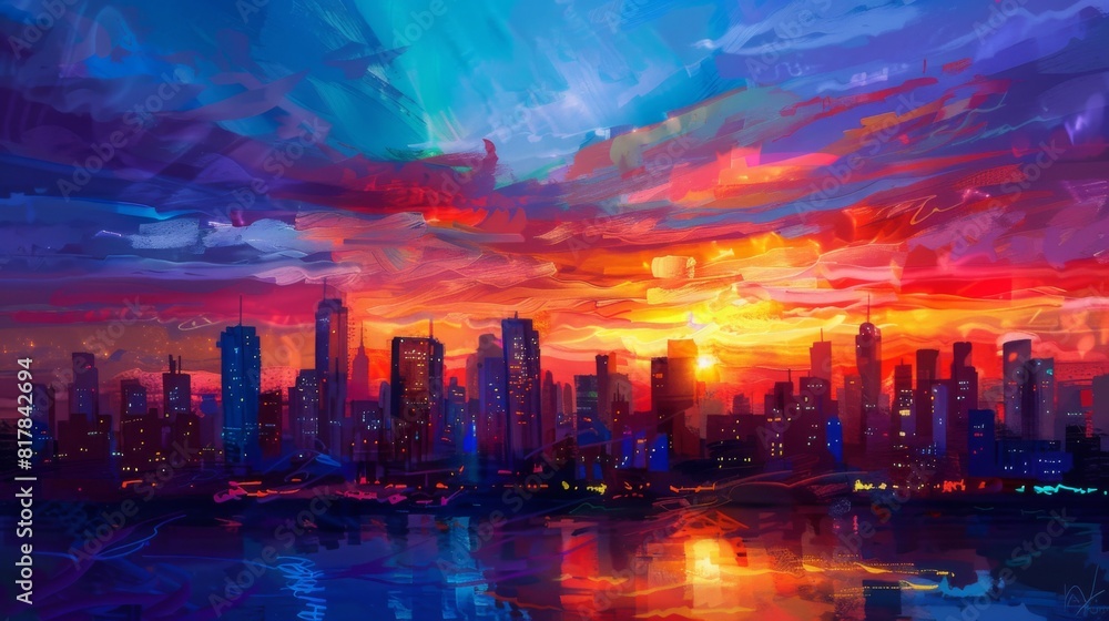 Fototapeta premium Colorful sunset over an urban skyline, with city lights twinkling as the sun sets behind the buildings in a vibrant display of colors.