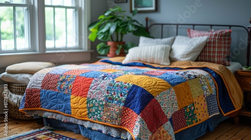 summer quilting fun, handmade quilt featuring colorful patchwork, a charming addition to your summer folk art collection and a cozy decoration photo