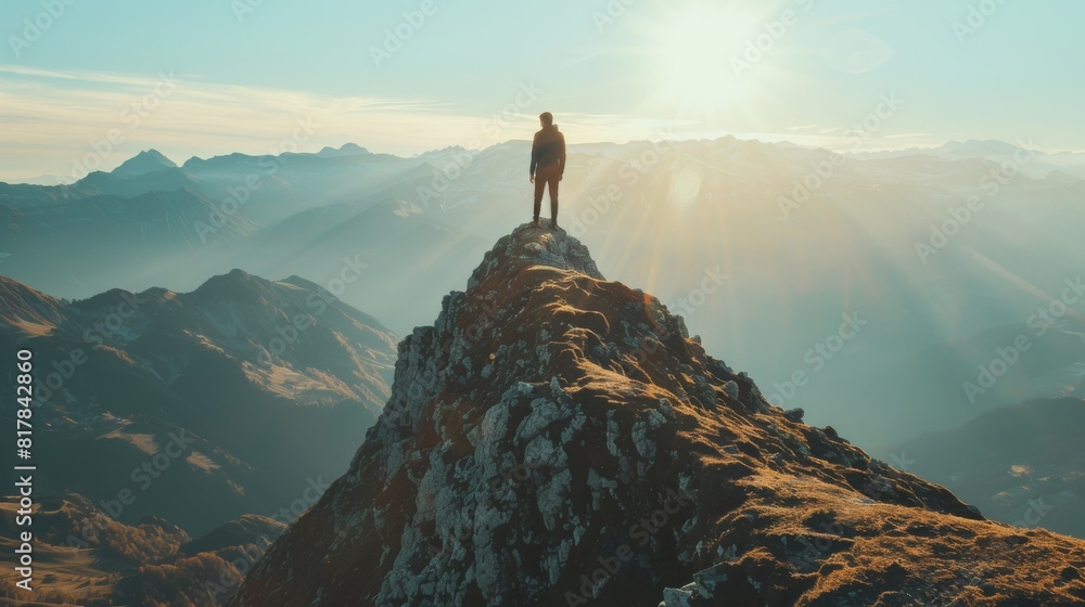 Overcoming challenges and embracing outdoor adventure, a man in rugged hiking gear stands proudly atop a mountain peak, his gaze fixed on the breathtaking view, a testament to personal achievement.