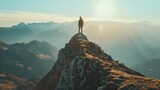 Overcoming challenges and embracing outdoor adventure, a man in rugged hiking gear stands proudly atop a mountain peak, his gaze fixed on the breathtaking view, a testament to personal achievement.