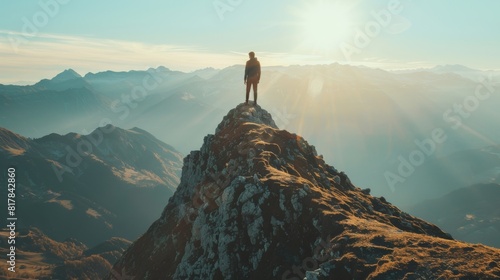 Overcoming challenges and embracing outdoor adventure, a man in rugged hiking gear stands proudly atop a mountain peak, his gaze fixed on the breathtaking view, a testament to personal achievement.