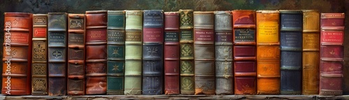 A horizontal row of meticulously arranged rare books and manuscripts, each spine a variation of rich colors and textures, symbolizing wealth of knowledge, in a classic photography style 8K , high-reso photo