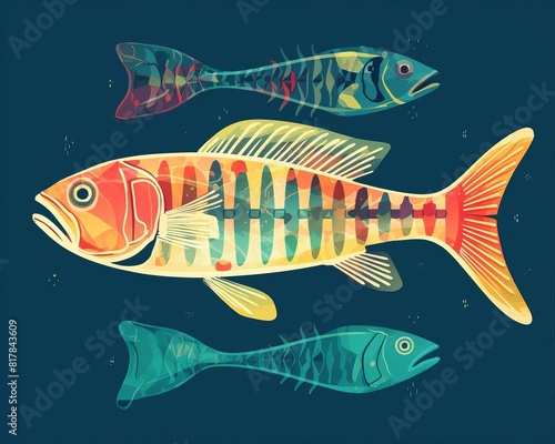 Fishbone Xray flat design front view ichthyology research theme water color triadic color scheme