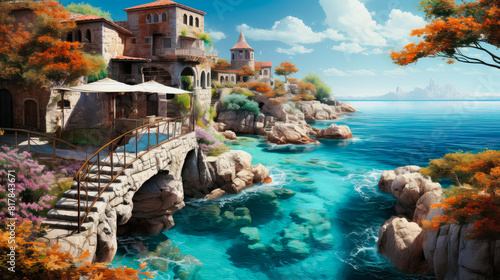 Fototapeta Naklejka Na Ścianę i Meble -  landscape of the Mediterranean ancient city. Ancient European buildings on the rocks. Stone staircase descends into the water