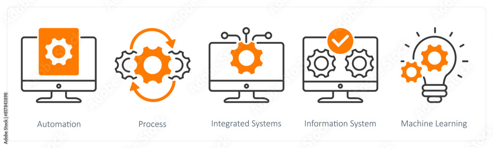 A set of 5 Industrial icons as automation, process, integrated systems A set of 5 Industrial icons as automation, process, integrated systems