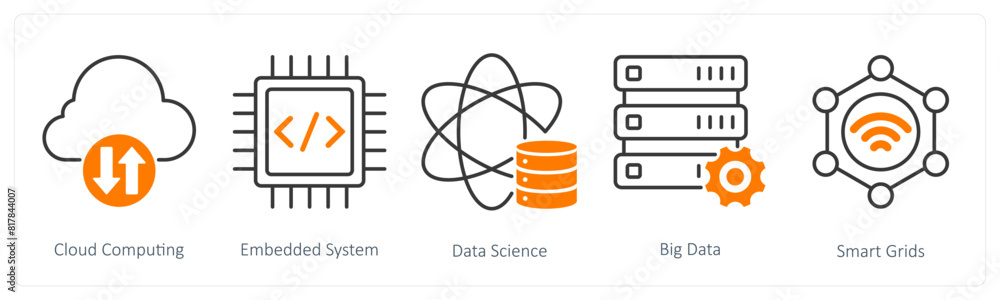 A set of 5 Industrial icons as cloud computing, embedded system, data science