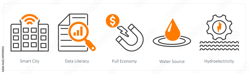 A set of 5 Industrial icons as smart city, data literacy, pull economy A set of 5 Industrial icons as smart city, data literacy, pull economy