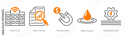 A set of 5 Industrial icons as smart city, data literacy, pull economy