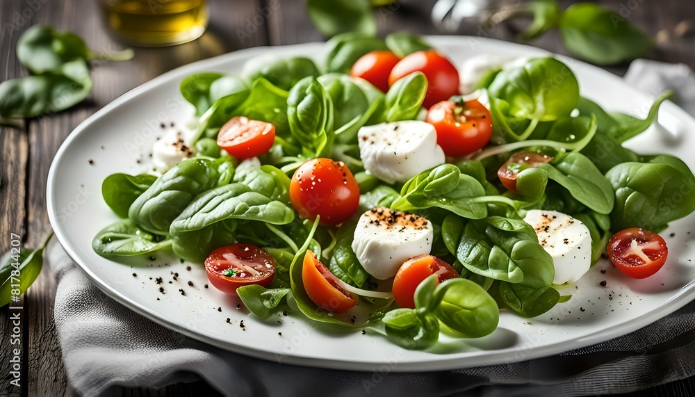 Lamb's lettuce salad with mozzarella, tomato and basil, topped with olive oil and herbs
Lamb's lettuce salad with mozzarella, tomato and basil, topped with olive oil and herbs