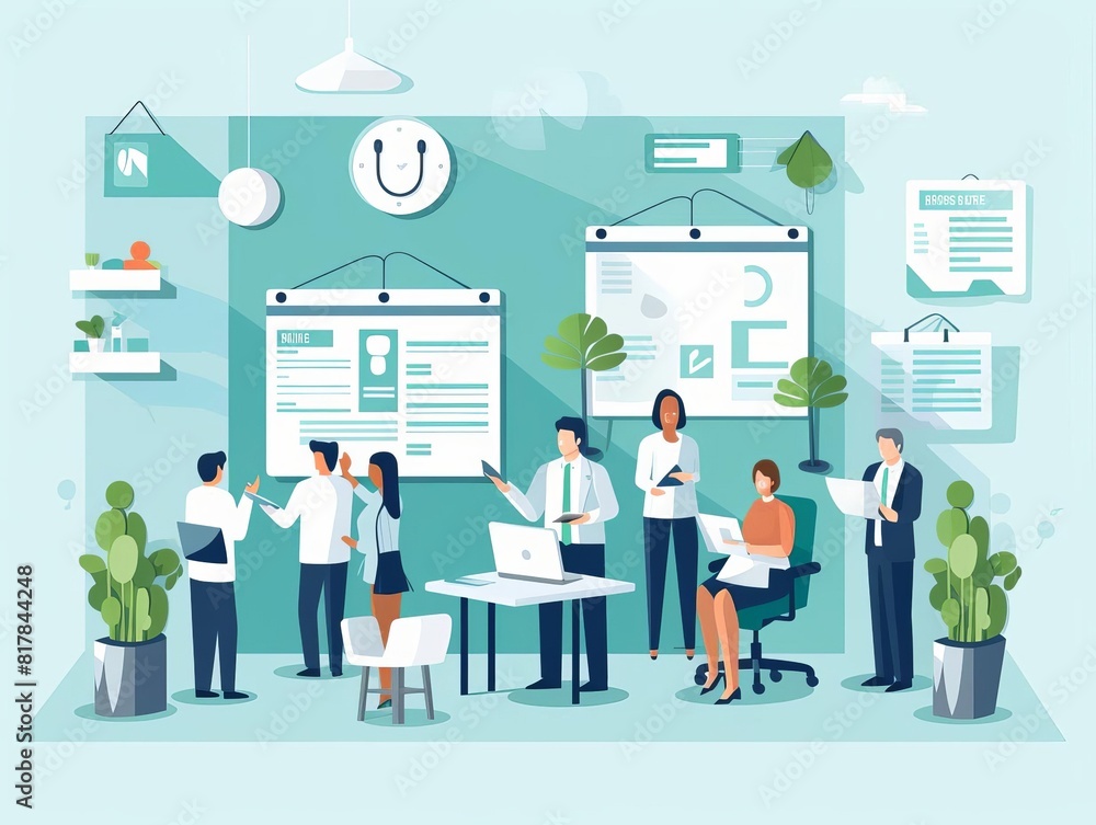 Health insurance office flat design top view financial aspect theme animation complementary color scheme Health insurance office flat design top view financial aspect theme animation complementary color scheme