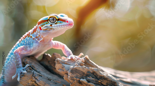 White leopard gecko perched on a tree branch in its natural habitat, showcasing its yellow eye in a closeup wildlife snapshot photo