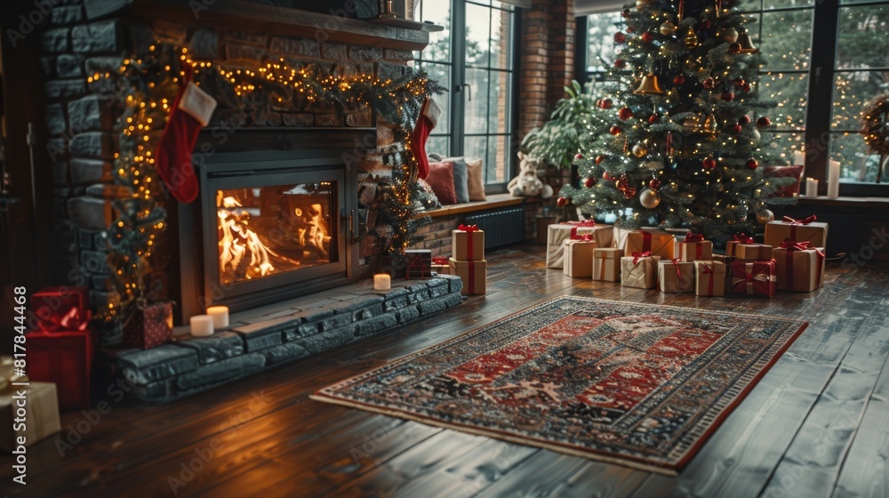 warm living room with fireplace, christmas tree, and gifts a festive holiday scene
