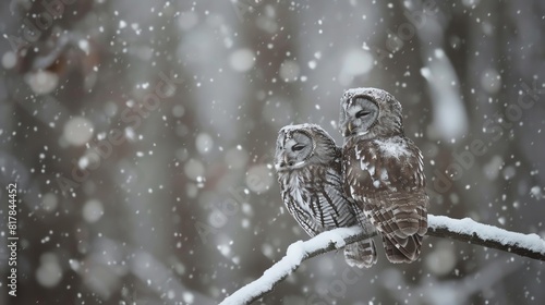 Owls perched together on a branch during a snowfall  keeping watch over the forest Style Winter wildlife  soft snowfall  protective gaze