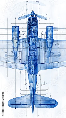 Detailed blue wireframe of a vintage airplane photo