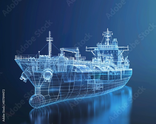 A digital illustration of a cargo ship. The ship is blue and made of lines. It is on a dark blue background.