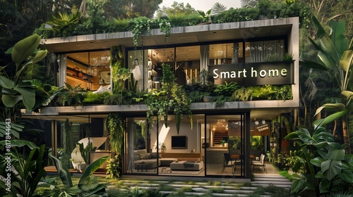 Smart home concept featuring a green, sustainable, and lush house equipped with innovative solutions for an eco-friendly lifestyle, showcasing modern technology and environmental consciousness. © TensorSpark