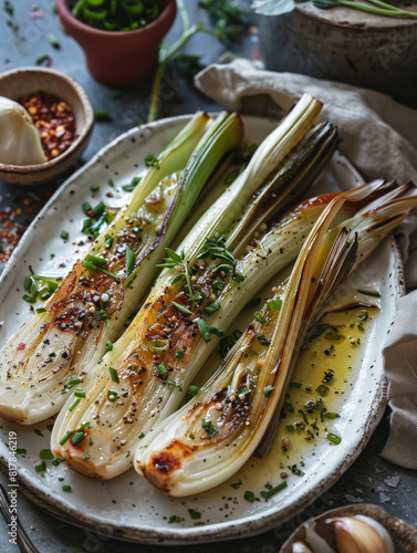 Baked Sweet Garleek with spices background. Grilled hybrid of garlic and leeks, onion. photo