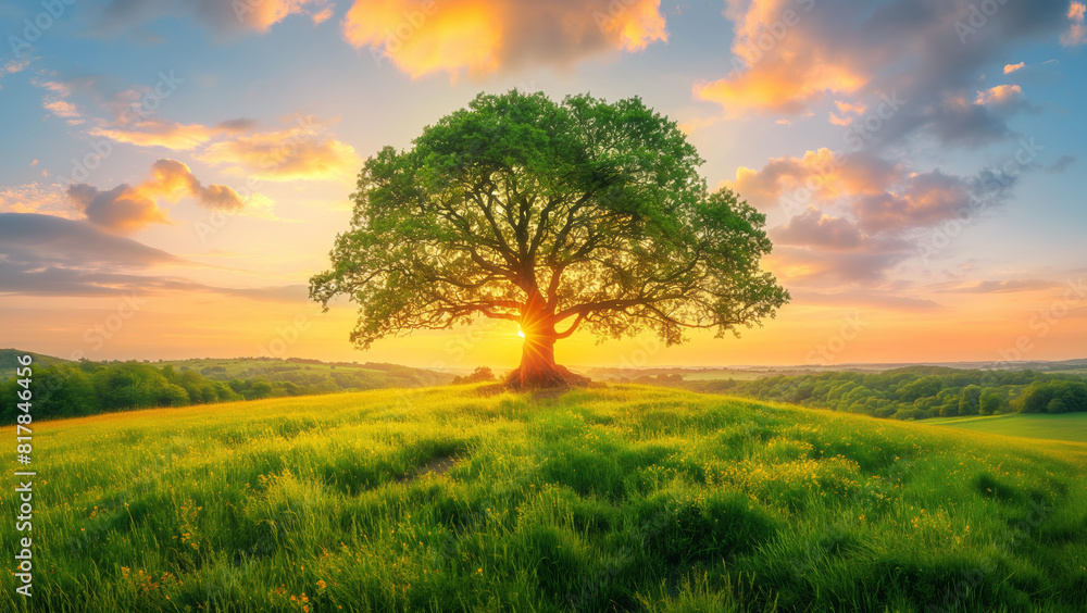 Sunburst through oak tree on vibrant green meadow