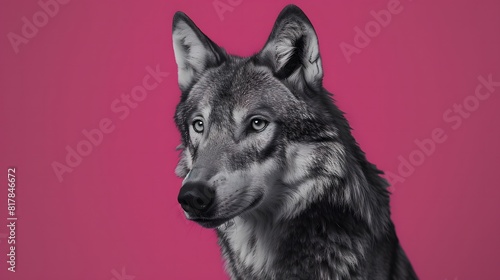 Portrait of a black and white wolf on a bright pink background

