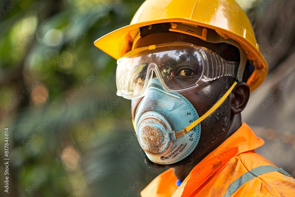 A worker is seen wearing a protective mask and hard hat, ensuring safety while on a job site A worker is seen wearing a protective mask and hard hat, ensuring safety while on a job site