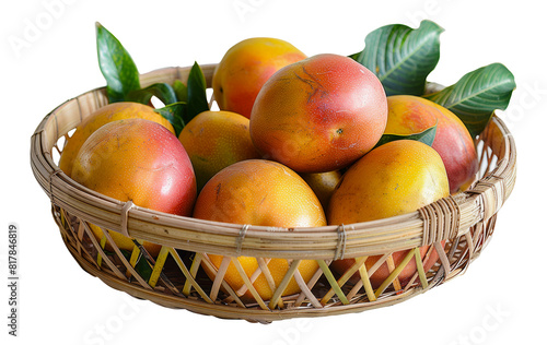 Fresh mangoes in a wicker basket  cut out - stock png.