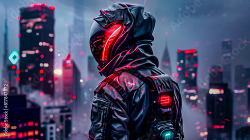 A man in a black leather jacket and a red helmet stands in a dark city.