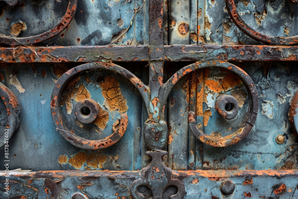 A close-up of a weathered metal gate, with rust and patina adding texture and character. A close-up of a weathered metal gate, with rust and patina adding texture and character.