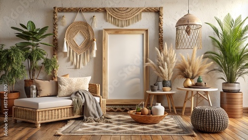 Mockup frame in nomadic boho interior background with rustic decor, 3d render photo