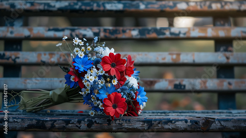 Memorial Day flower bouquet on a wooden bench