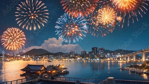 夜景の街並みの上に花火が打ち上げられる
