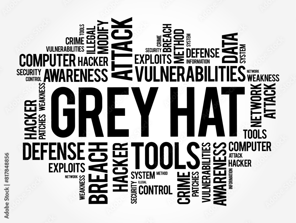 Grey Hat is a computer hacker or computer security expert who may sometimes violate laws or typical ethical standards, word cloud concept background Grey Hat is a computer hacker or computer security expert who may sometimes violate laws or typical ethical standards, word cloud concept background