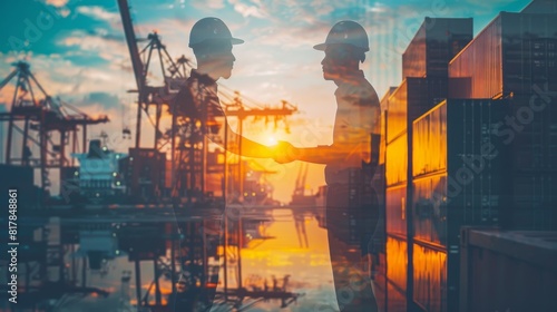 Double exposure of businessman and engineer wear a hardhat standing cargo at the container yard and greeting each other with handshake on construction site Cargo freight ship for import and export.