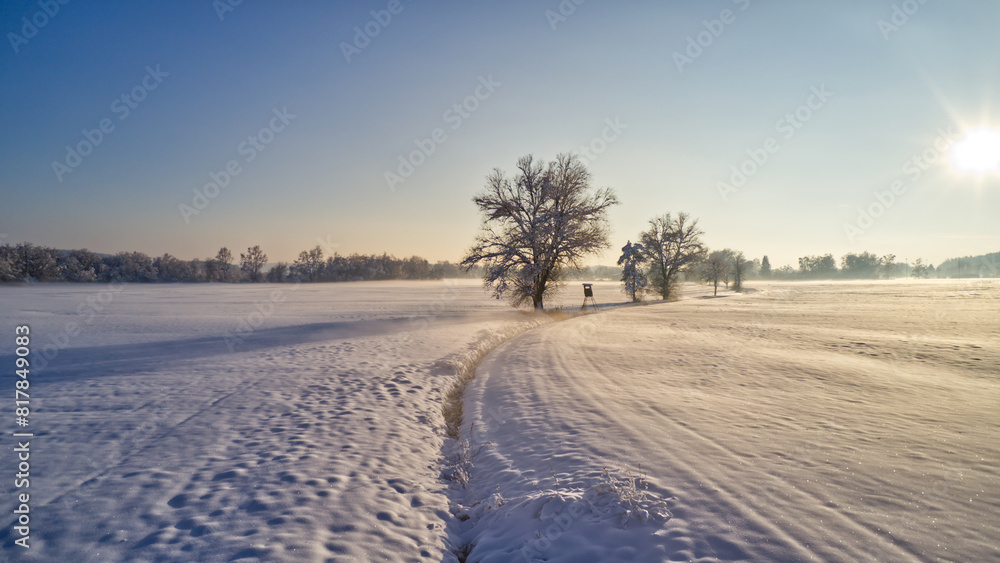 Winter landscape with a sunset casting a glow over a snow-covered field Winter landscape with a sunset casting a glow over a snow-covered field