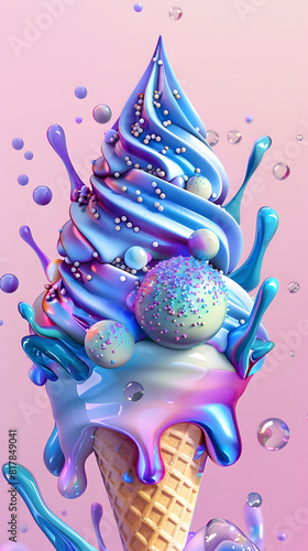 Ice cream cone being covered in blue and purple liquid