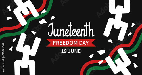 Juneteenth celebration horizontal banner template. Simple background with broken shackles, chains and Pan African flag. African-American Independence Day. Vector flat illustration.
